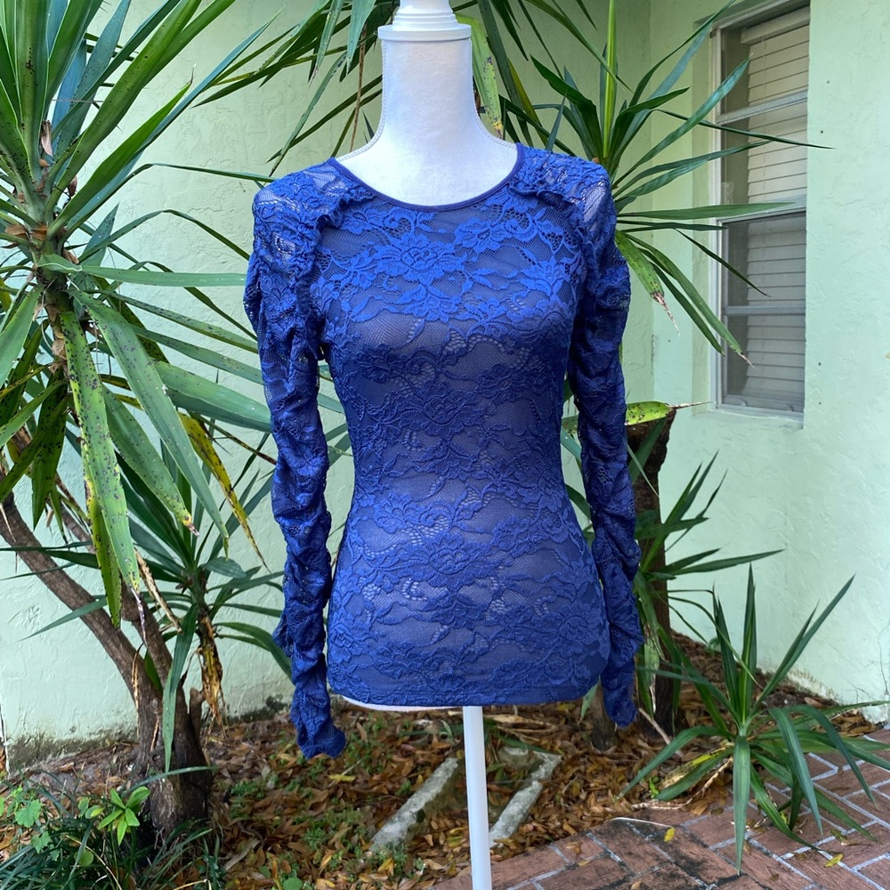 Bebe Ruched Lace Navy Top - Picture 2 of 5